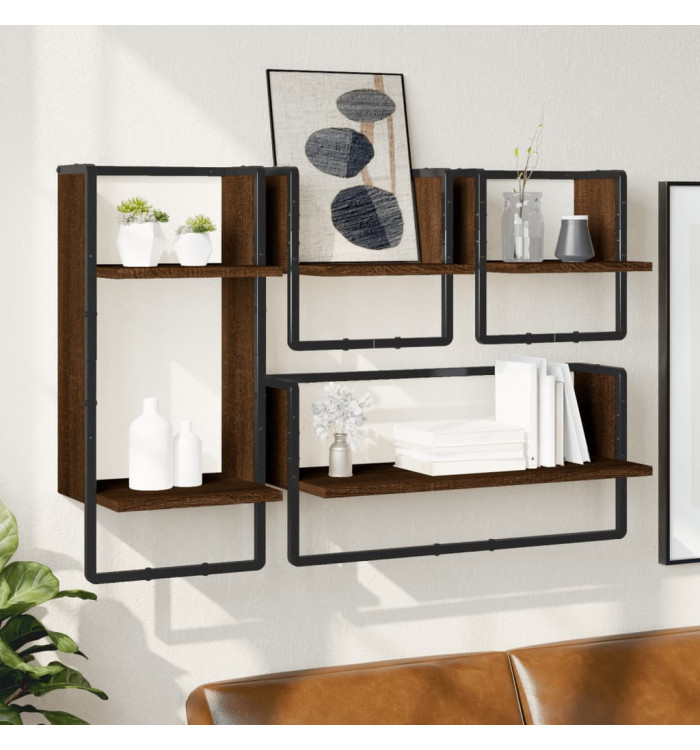 Ensemble d'étagères murales avec barres 4 pcs chêne marron | Mobilier & Déco