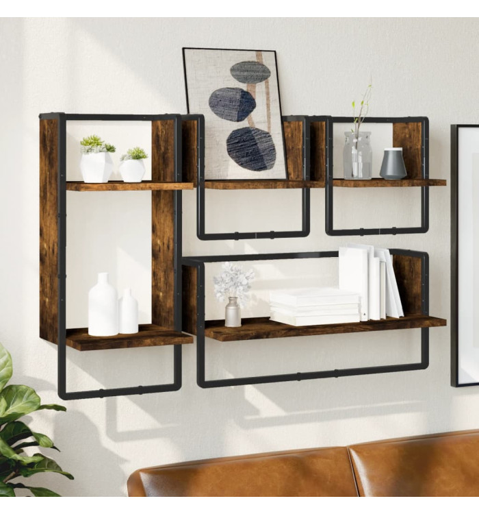 Ensemble d'étagères murales avec barres 4 pcs chêne fumé | Mobilier & Déco