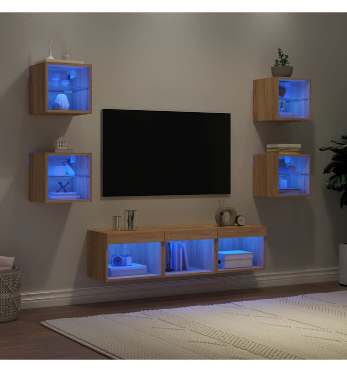 Unités murales TV avec LED 7 pcs chêne sonoma bois d'ingénierie | Mobilier & Déco