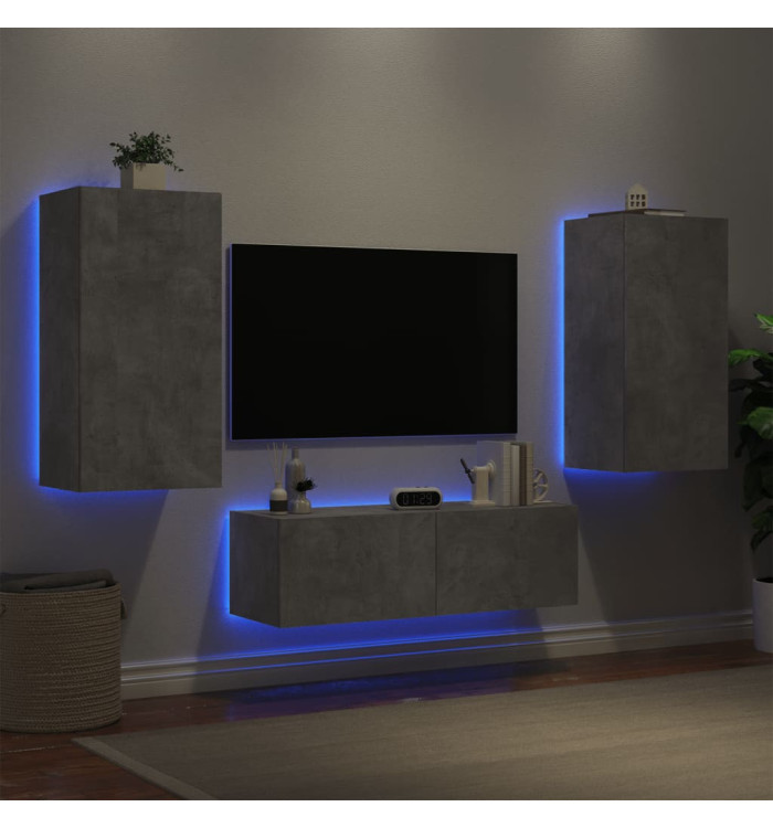 Meuble TV muraux 3 pcs avec lumières LED gris béton | Mobilier & Déco