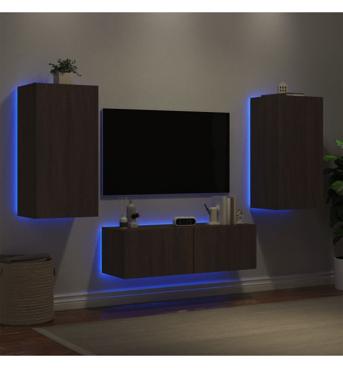 Meuble TV muraux 3 pcs avec lumières LED chêne marron | Mobilier & Déco