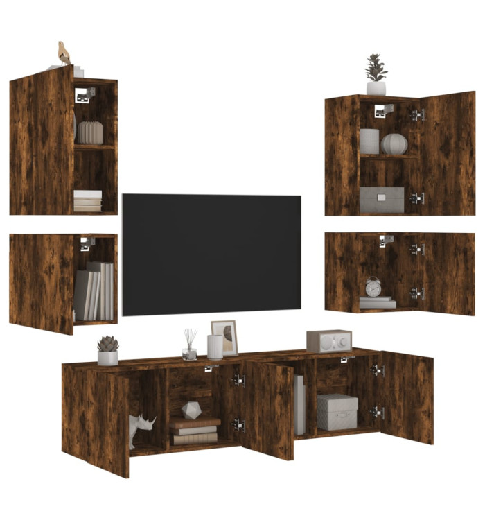 Unités murales TV 6 pcs chêne fumé bois d'ingénierie | Mobilier & Déco