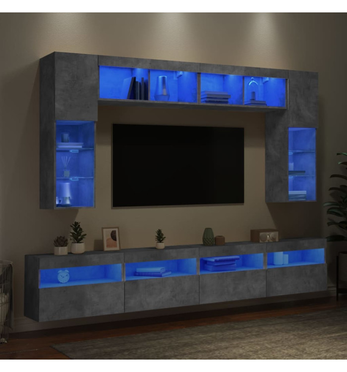 Ensemble de meubles TV muraux 8 pcs et lumières LED gris béton | Mobilier & Déco