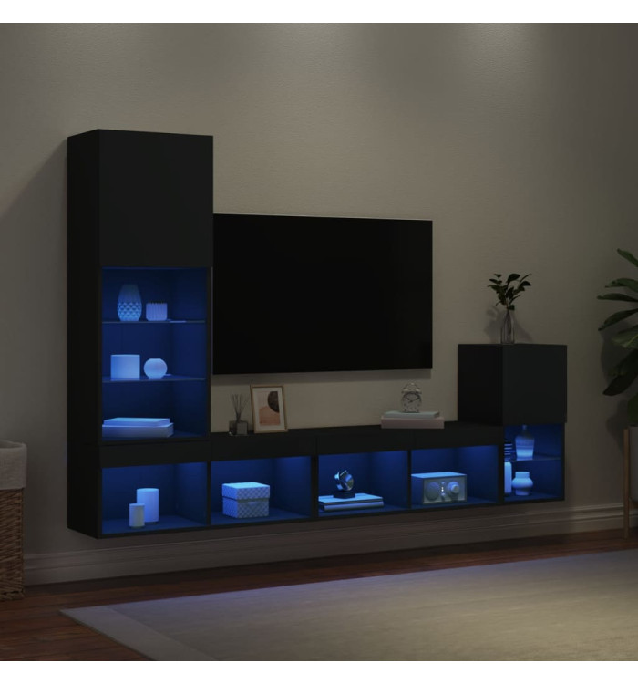 Unités murales TV avec LED 4 pcs noir bois d'ingénierie | Mobilier & Déco