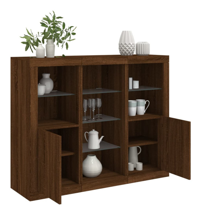 Buffets avec lumières LED 3 pcs chêne brun bois d'ingénierie | Mobilier & Déco