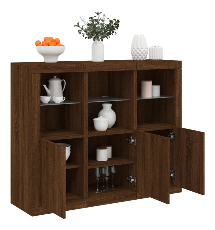 Buffets avec lumières LED 3 pcs chêne brun bois d'ingénierie | Mobilier & Déco