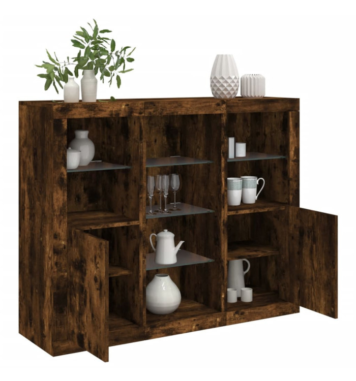 Buffets avec lumières LED 3 pcs chêne fumé bois d'ingénierie | Mobilier & Déco