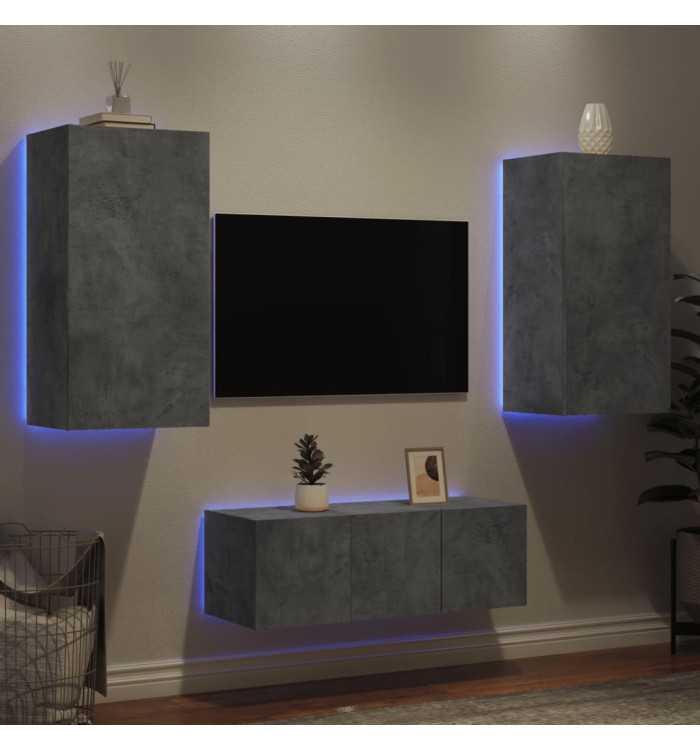 Unités murales TV avec LED 4 pcs gris béton bois d'ingénierie | Mobilier & Déco