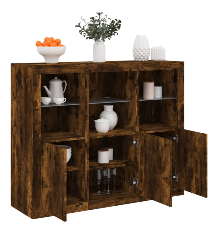 Buffets avec lumières LED 3 pcs chêne fumé bois d'ingénierie | Mobilier & Déco