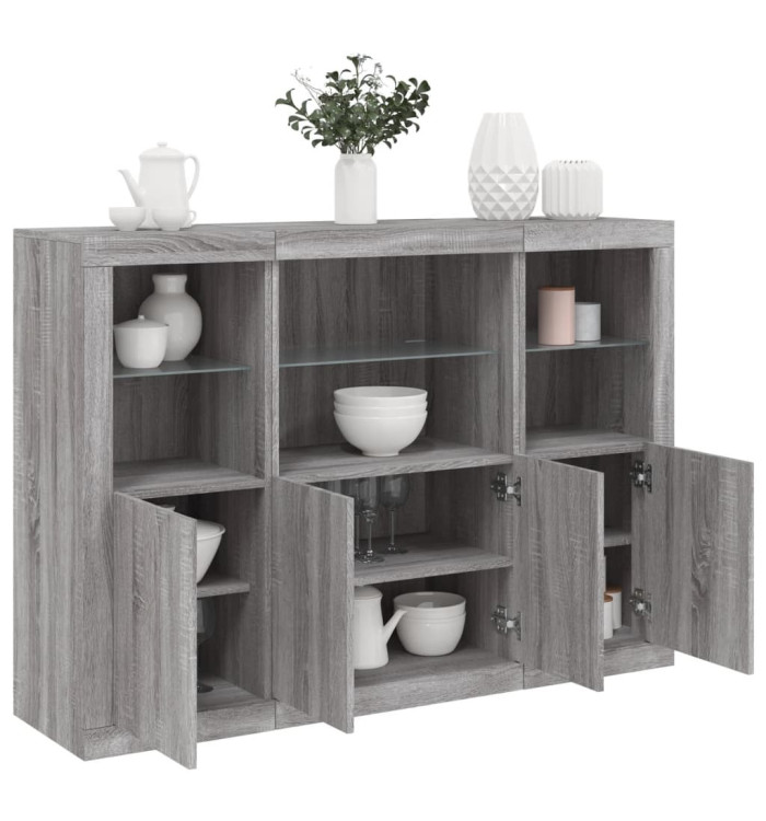 Buffets avec lumières LED 3 pcs sonoma gris bois d'ingénierie | Mobilier & Déco