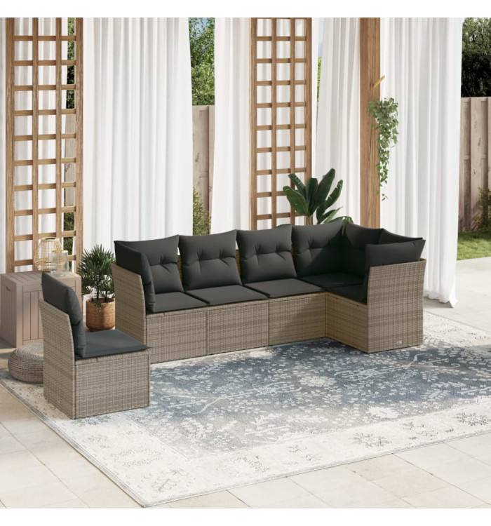 Salon de jardin 6 pcs avec coussins gris résine tressée | Mobilier & Déco