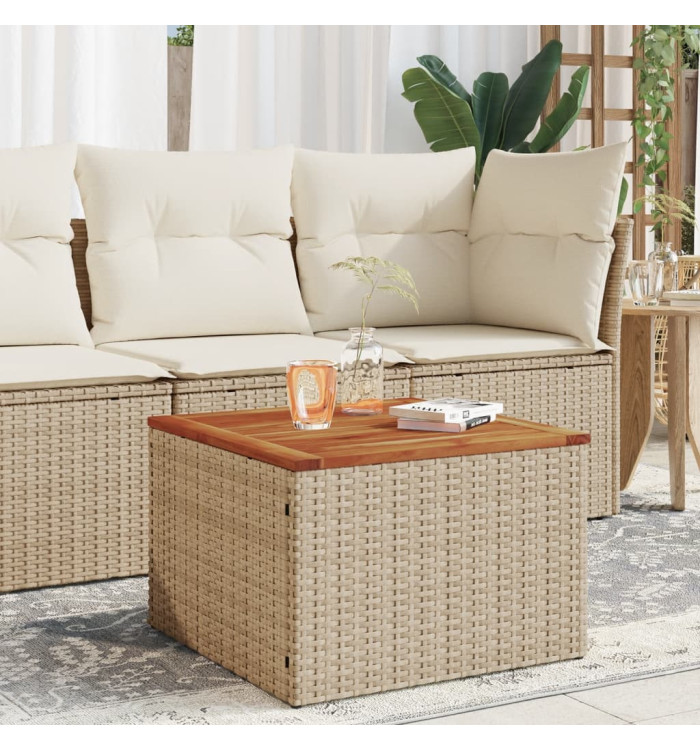 Table de jardin beige 55x55x37 cm résine tressée et bois acacia | Mobilier & Déco