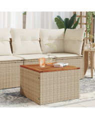 Table de jardin beige 55x55x37 cm résine tressée et bois acacia | Mobilier & Déco