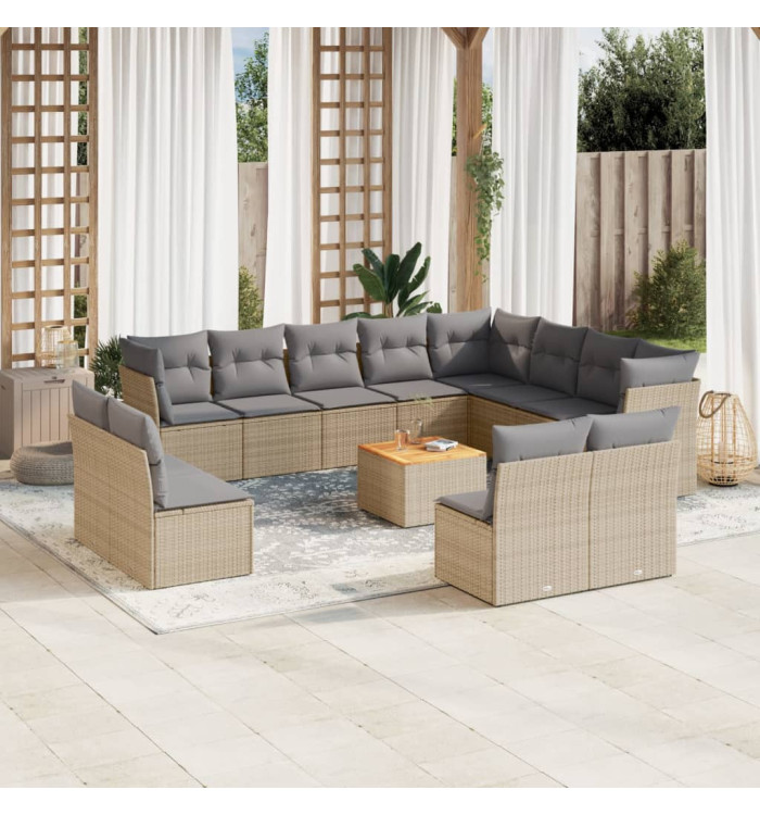 Salon de jardin avec coussins 13 pcs beige résine tressée | Mobilier & Déco