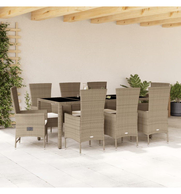 Ensemble à manger de jardin et coussins 9 pcs beige Poly rotin | Mobilier & Déco