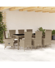 Ensemble à manger de jardin et coussins 9 pcs beige Poly rotin | Mobilier & Déco
