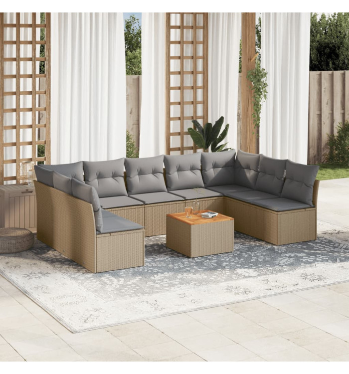 Salon de jardin avec coussins 10 pcs beige résine tressée | Mobilier & Déco
