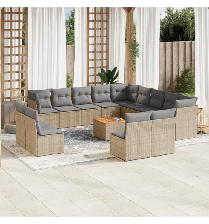 Salon de jardin avec coussins 14 pcs beige résine tressée | Mobilier & Déco