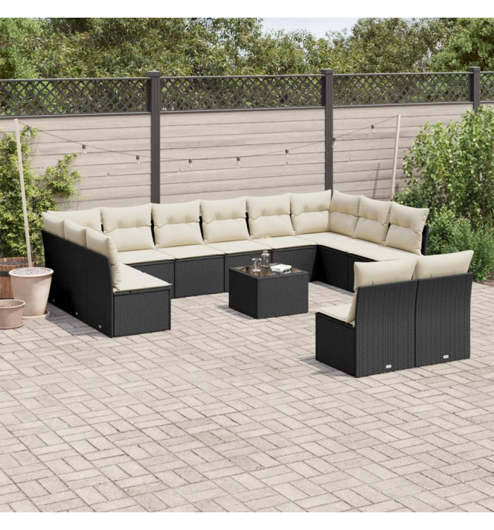 Salon de jardin avec coussins 13 pcs noir résine tressée | Mobilier & Déco