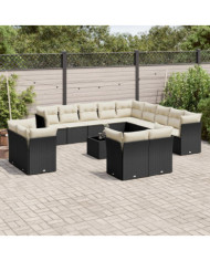 Salon de jardin avec coussins 14 pcs noir résine tressée | Mobilier & Déco