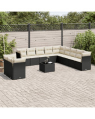 Salon de jardin 12 pcs avec coussins noir résine tressée | Mobilier & Déco