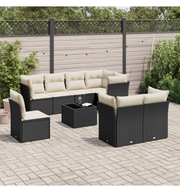 Salon de jardin 9 pcs avec coussins noir résine tressée | Mobilier & Déco