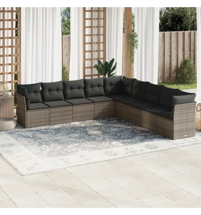 Salon de jardin 9 pcs avec coussins gris résine tressée | Mobilier & Déco