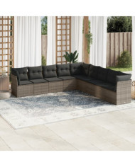 Salon de jardin 9 pcs avec coussins gris résine tressée | Mobilier & Déco