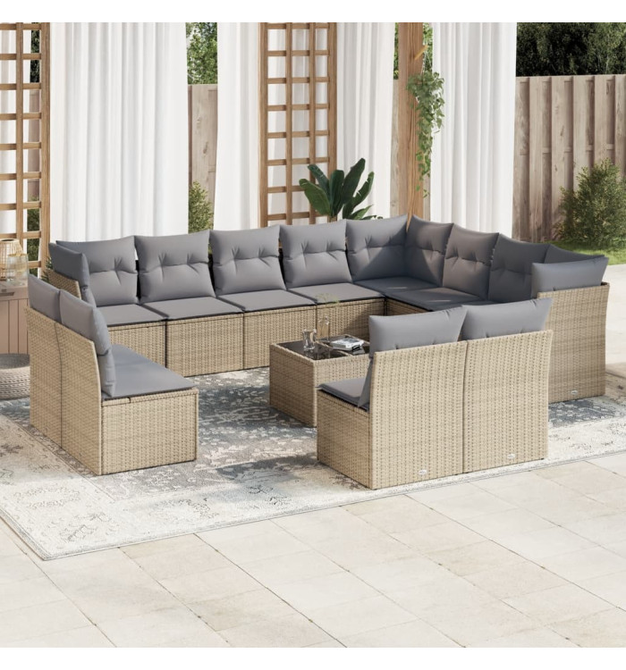 Salon de jardin avec coussins 13 pcs beige résine tressée | Mobilier & Déco