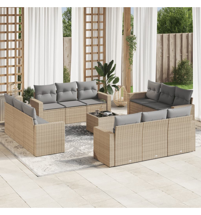 Salon de jardin avec coussins 13 pcs beige résine tressée | Mobilier & Déco