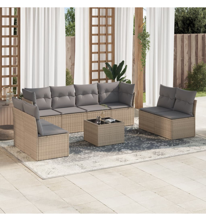 Salon de jardin avec coussins 9 pcs beige résine tressée | Mobilier & Déco