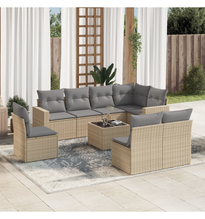 Salon de jardin avec coussins 9 pcs beige résine tressée | Mobilier & Déco
