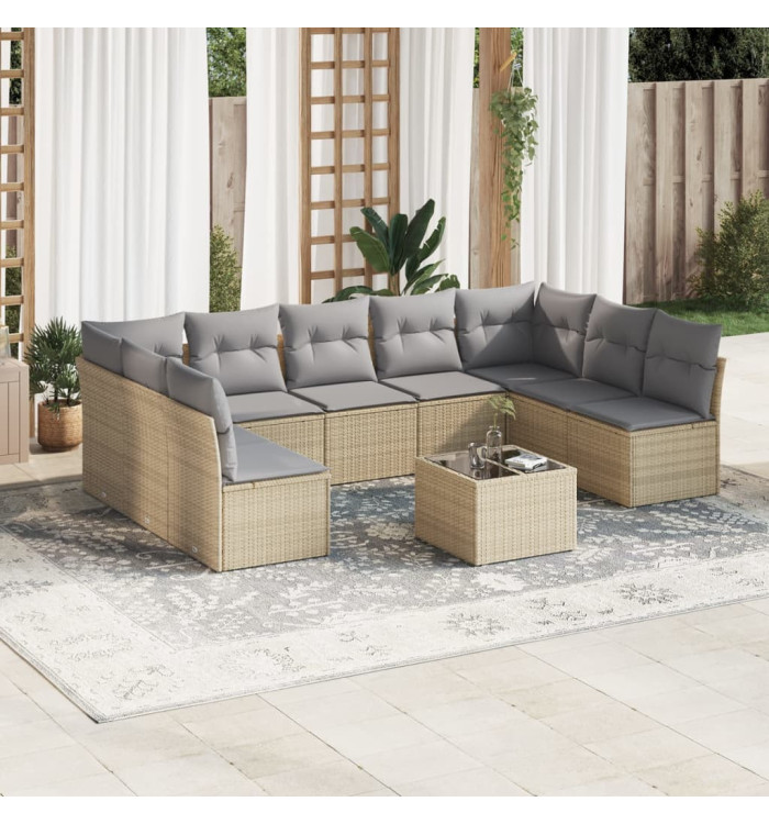 Salon de jardin avec coussins 10 pcs beige résine tressée | Mobilier & Déco