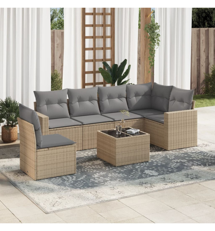 Salon de jardin avec coussins 7 pcs beige résine tressée | Mobilier & Déco