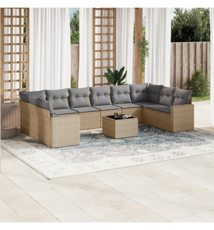 Salon de jardin 11 pcs avec coussins beige résine tressée | Mobilier & Déco