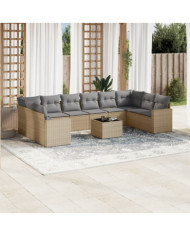 Salon de jardin 11 pcs avec coussins beige résine tressée | Mobilier & Déco