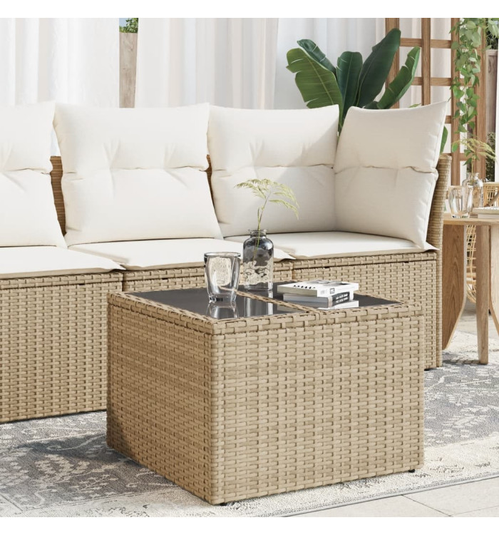 Table de jardin dessus en verre beige 55x55x37cm résine tressée | Mobilier & Déco