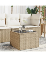Table de jardin dessus en verre beige 55x55x37cm résine tressée | Mobilier & Déco