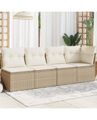Canapé de jardin avec coussins 4 places beige résine tressée | Mobilier & Déco