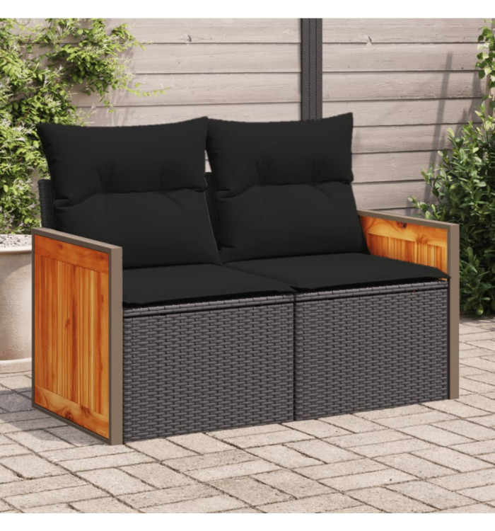 Canapé de jardin avec coussins 2 places noir résine tressée | Mobilier & Déco