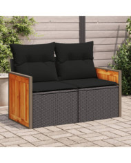 Canapé de jardin avec coussins 2 places noir résine tressée | Mobilier & Déco