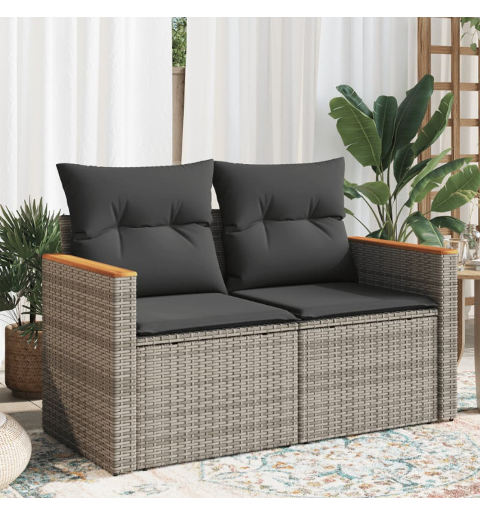 Canapé de jardin 2 places avec coussins gris résine tressée | Mobilier & Déco