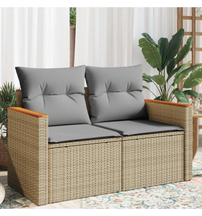 Canapé de jardin avec coussins 2 places beige résine tressée | Mobilier & Déco