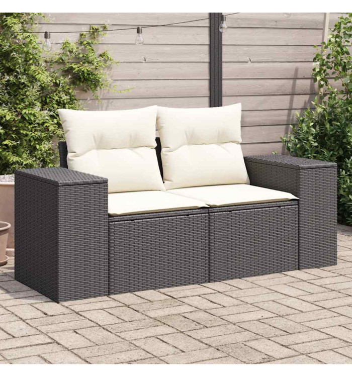 Canapé de jardin avec coussins 2 places noir résine tressée | Mobilier & Déco
