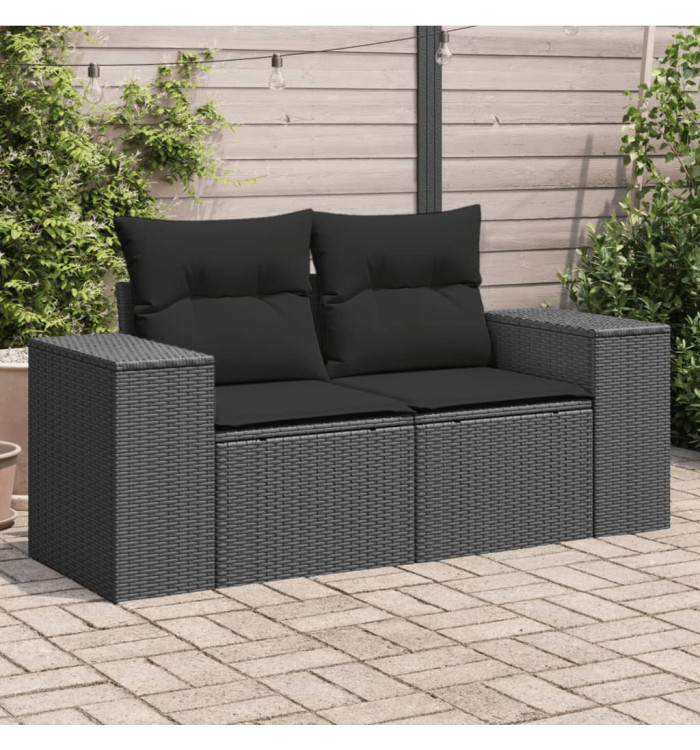Canapé de jardin avec coussins 2 places noir résine tressée | Mobilier & Déco