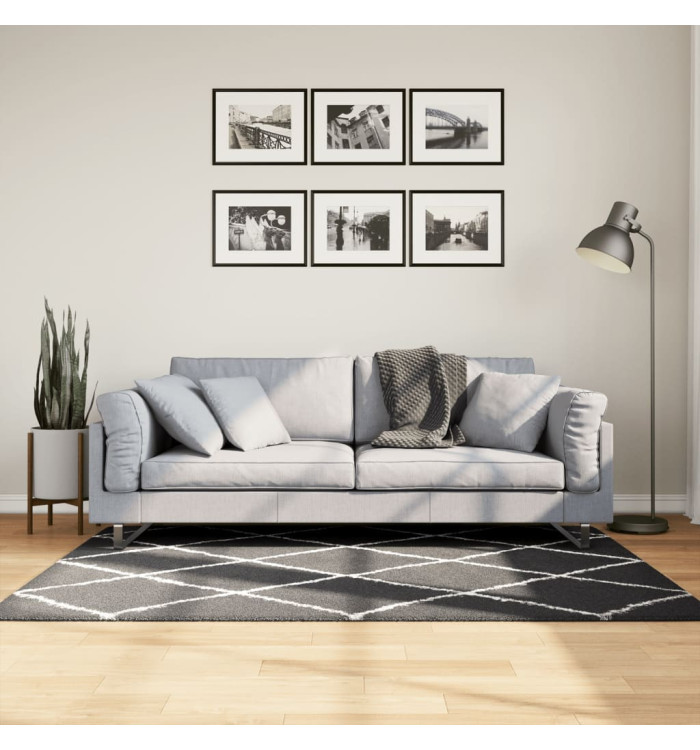 Tapis shaggy à poils longs moderne noir et crème 120x170 cm | Mobilier & Déco