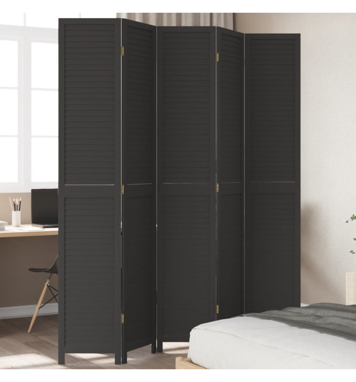 Cloison de séparation 5 panneaux noir bois de paulownia massif | Mobilier & Déco