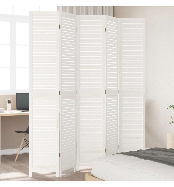Cloison de séparation 5 panneaux blanc bois de paulownia massif | Mobilier & Déco