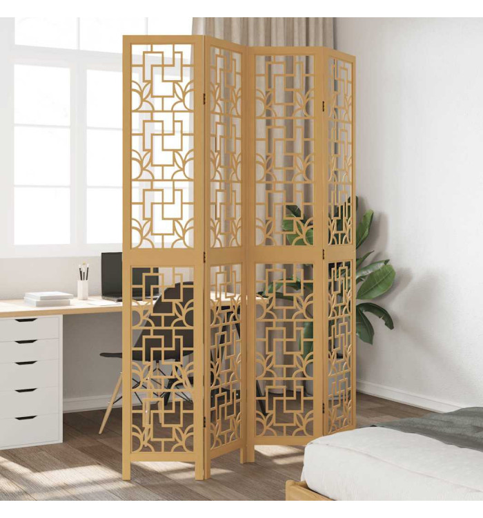 Cloison de séparation 4 panneaux marron bois paulownia massif | Mobilier & Déco