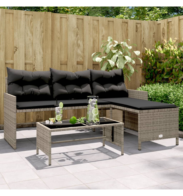 Canapé de jardin avec table et coussins en forme de L gris | Mobilier & Déco